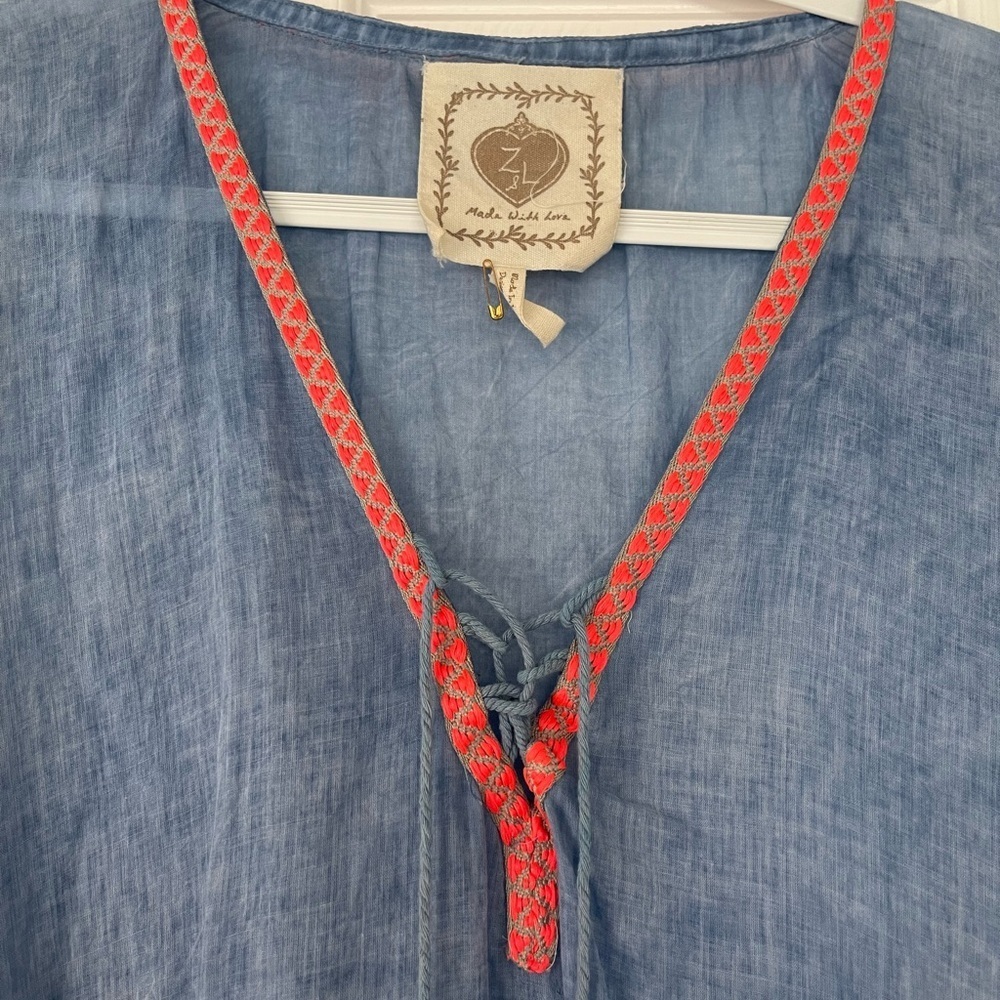 Z & L Europe Poncho 100% Cortton Blue and Pink Tassle Boho Euro Swim Cover Up - Picture 7 of 9